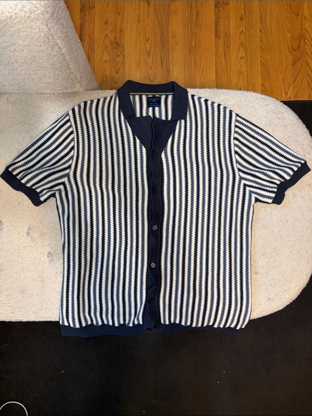 Navy & White Striped Short-Sleeve Button-Down Knit Shirt